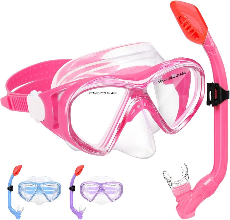 ACQCES Kids Snorkel Set Dry Top Snorkeling Gear for Kids Youth Boys Girls Junior Age 5-15,Tempered Glass Swimming Diving Mask and Snorkel Set 180 Degree Panoramic View - Image 1